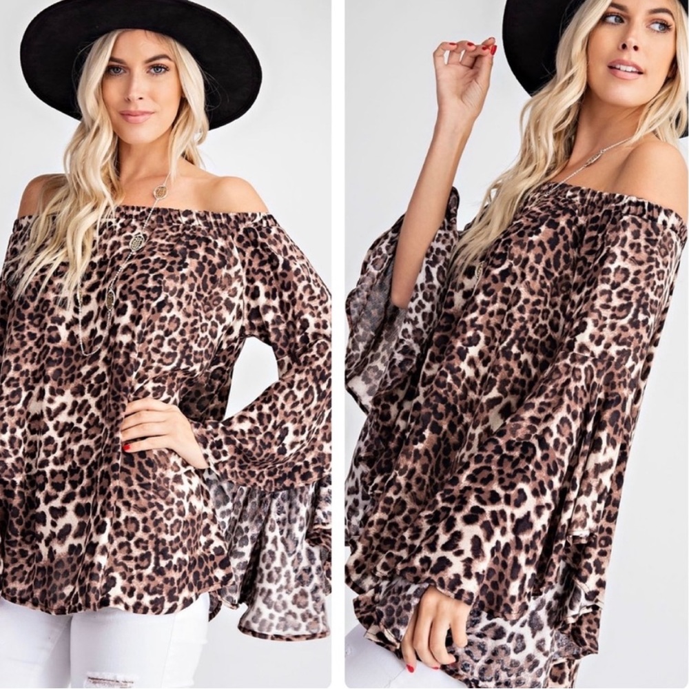 Dramatic Bell Sleeve Off Shoulder Leopard Print Tunic/ Blouse